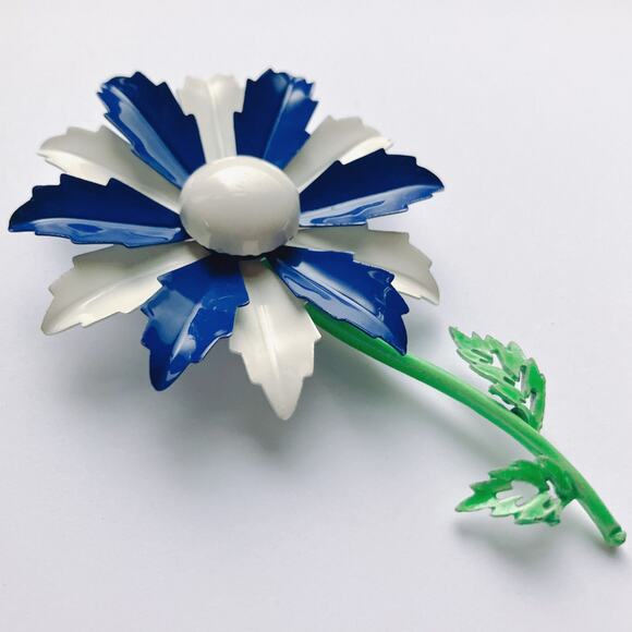 VTG 60s Brooch Blue White Enamel Flower Mid Century Mod Costume Jewelry Kitschy - Picture 2 of 10